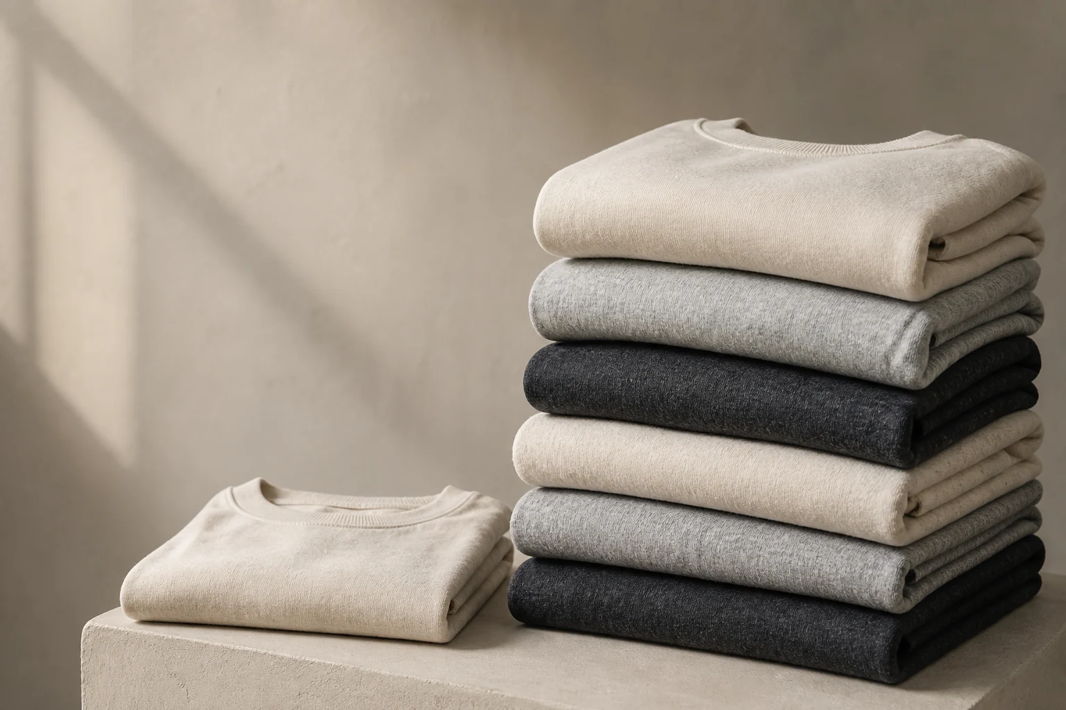 A stack of folded sweatshirts in oat, heather grey and charcoal